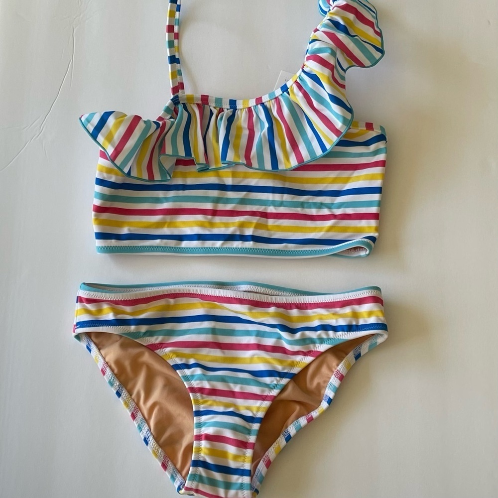 Girls' rainbow-stripe one-shoulder swimsuit size 10